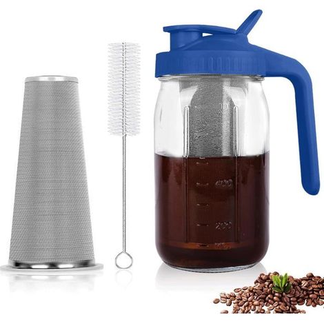 Cafetière à infusion à froid 1,8 L Verre et acier inoxydable Filtre 160 microns Pour café et thé Bleue (1/5)