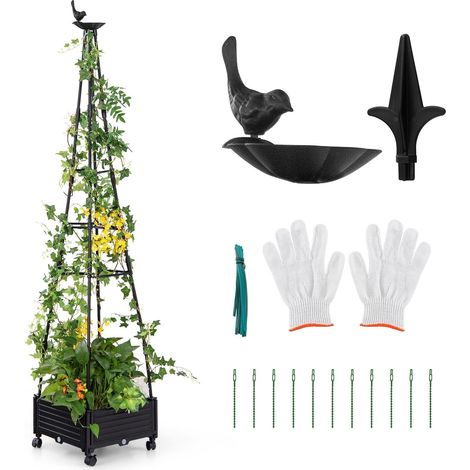 Rolling Planter Box  Raised Garden Bed Climbing Plants w/Obelisk Trellis (1/5)