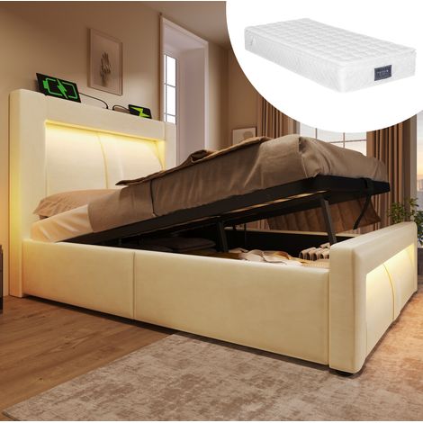 Bettgestell 90x200 cm beige aus Samt mit Stauraum, LED-Beleuchtung, USB- und Type-C-Anschlüssen (1/5)