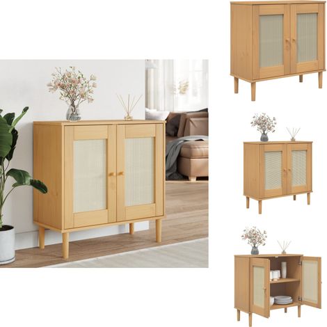 Buffet SENJA aspect rotin marron 80x35x80 cm bois massif de pin - Buffet Design Moderne - Meuble Rangement - Commode Bois - Bibliothèque Murale - Meuble Salon (1/5)