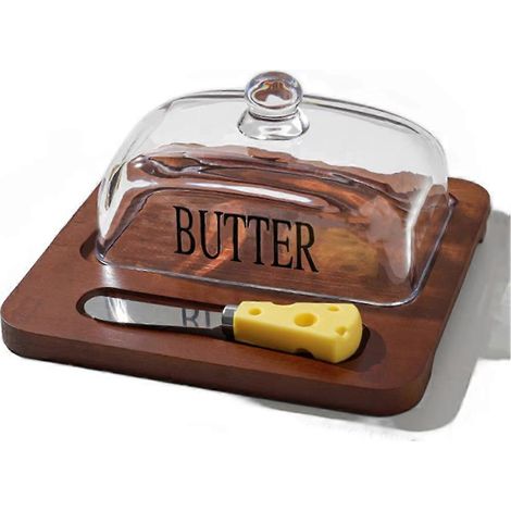 Beurrier élégant de style nordique avec couvercle, plateau en bois et couvercle en verre - Accessoire de cuisine raffiné avec coupe-beurre intégré (1/5)