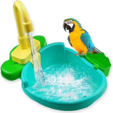 Baño para loros, bañera automática, grifo de piscina, jaula para pájaros, juguete de baño con grifo, comedero, accesorios para pájaros, loro mascota (1/5)