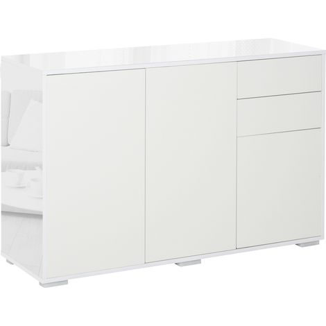 Mobiletto Multiuso in Legno Bianco con 2 Cassetti e 2 Armadietti con Apertura a Pressione, 117x36x74 cm