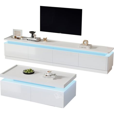 Weiße Hochglanz TV-Schrank und Couchtisch Kombination mit LED, 4 Schubladen, für 75-Zoll-TV (1/5)