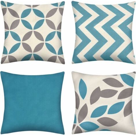 Housses de Coussin, Taie d'oreiller Décoratif en Lin de Coton Géométrie Moderne avec Fermeture Glissière Invisible, Lot de 4 Housses de Coussin pour Canapé Chaise de Salon, 45 x 45 cm (Bleu) (1/5)