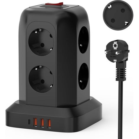 Multiprise Tour 8 Prises Noir avec 3 USB-A et 1 USB-C avec Interrupteur, Parafoudre Anti-Surcharge, Câble 1,8m, Prise Multiple Verticale pour Bureau Salon Cuisine (1/5)