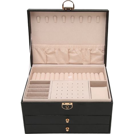 Boîte à Bijoux en Simili Cuir Noir avec 2 Tiroirs - Écrin de Rangement pour Colliers et Bracelets (1/5)