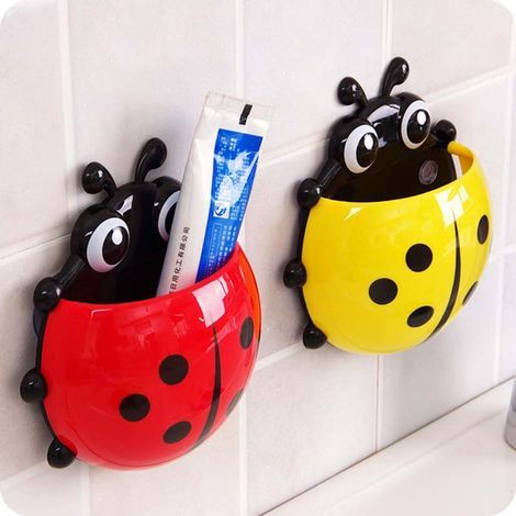 Porte-brosse à dents enfant coccinelle dessin animé avec ventouses, crochets de salle de bain adhésifs pour enfants (1/4)