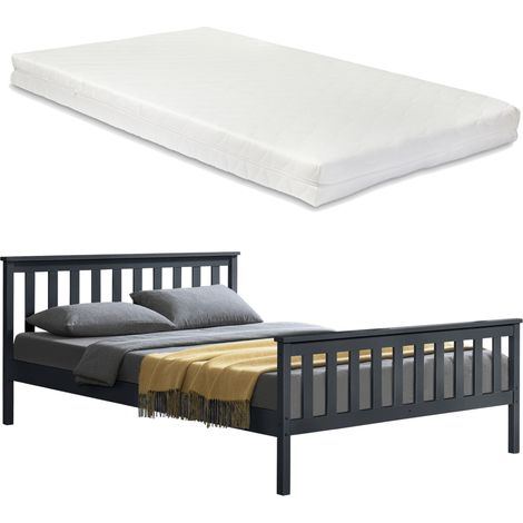 Holzbett Hellnar 180x200 mit Kaltschaummatratze Dunkelgrau [en.casa]