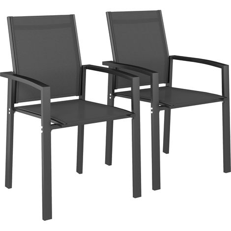 Set aus 2 stapelbaren Aluminium-Gartenstühlen mit Armlehnen, atmungsaktives Outdoor-Design, Maße 56x58x89 cm, dunkelgraue Farbe.