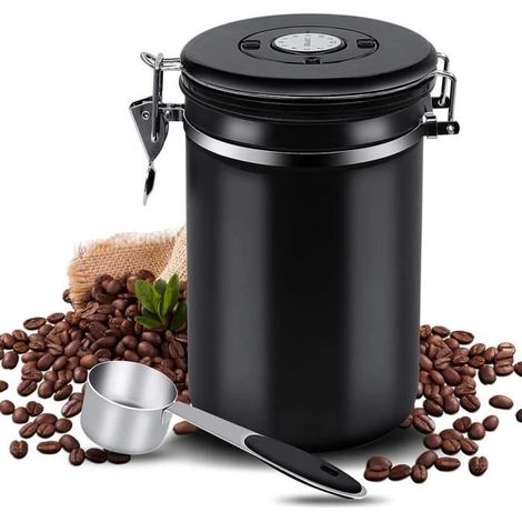 Pot à café, pot à café hermétique de 500 g, adapté au café moulu, en acier inoxydable, avec indicateur de fraîcheur et cuillère, noir, 1,5 litre. (1/4)