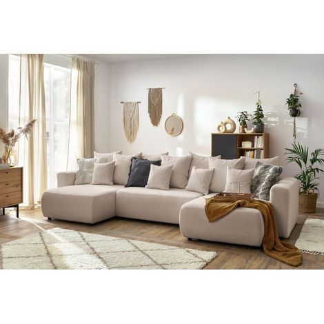 BOBOCHIC - Canapé panoramique convertible coffre ENVY tissu bouclette Panoramique Beige (1/5)