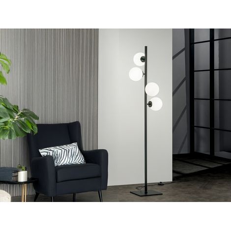 LED Stehlampe 4-flammig Schwarz mit Glaskugeln in Opalweiß, Höhe 150cm