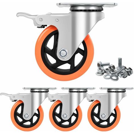 Roulettes Pivotantes avec frein.4 pouces 100mm 550KG roulette charge lourde roulette en caoutchouc chariot (paquet de 4). (1/5)