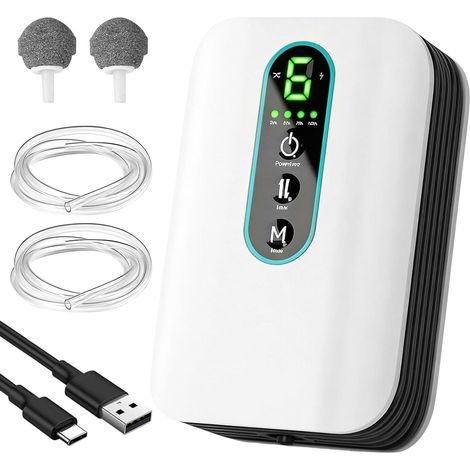 Aquarium Air Pump, 1.8W Rechargeable Oxygen Pump with 1 Output, Two Oxygen Supply Modes, Quiet Oxygen Pump for Aquariums, 6 Lev Adjustable Air Flow (1/5)