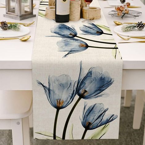 Mode Chemin de Table Bleu Fleur Tulpe Lin Chemin de Table d'été décor de Cuisine et Salle à Manger Saisonnier d'automne pour Décoration Table de Mariage Baptême Fête Anniversaire 33x180 cm (1/5)