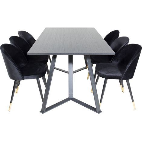 MarinaBLBL Essgruppe Esstisch schwarz und 6 Velvet Esszimmerstühle Velour schwarz, Messing dekor.