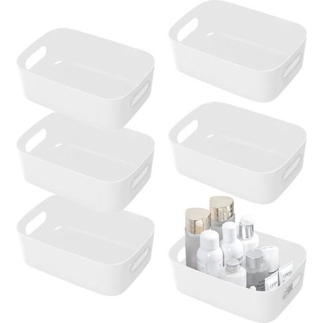 Lot de 6 Boîtes de Rangement en Plastique Blanc, Boite Rangement avec Poignées, Paniers et Boîtes de Rangement Salle de Bain,bac de (1/4)