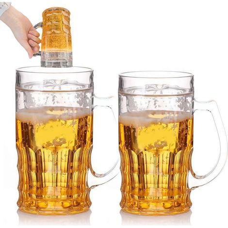 Lot de 2 faux verres à bière, 400 ml, double couche, en plastique avec poignées et mezzanine, grande capacité pour boissons de bar, farces et fêtes (1/5)