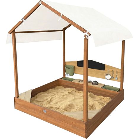 Axi Meli Bac À Sable Et Maisonnette De Jeu En Bois Avec Cuisine Et Toit - Marron  Avec Tableau Noir, Réservoir D'Eau Et 6 Accessoires  Revêtement De Sol Et Housse  120 X 120 X 144,5 Cm