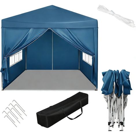 Tente de jardin 3 x 3 m bleue, structure en fer, toile Oxford, hauteur réglable (1/5)