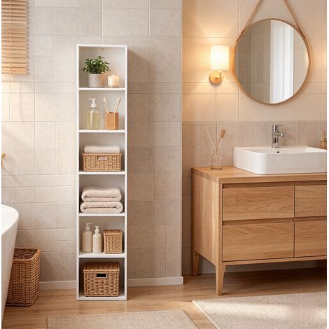 Libreria 30x24x158.4 cm bianca in MDF e truciolato con 6 vani e dispositivo antiribaltamento (1/5)