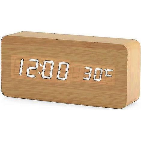 Réveil numérique multifonction en bois Betterlifefg avec affichage de l'heure, de la date et de la température, et commande vocale pour la maison et les voyages, en bambou. (1/5)