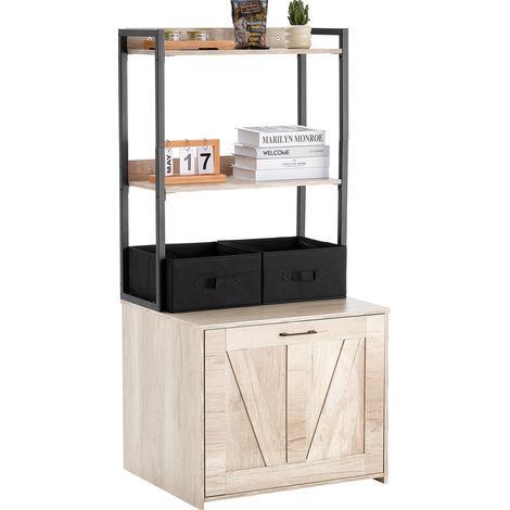 Mophorn Cat Litter Box Enclosure, Hidden Litter Box Furniture with 2 Storage Shelves & 2 Baskets, Wooden Cat Washroom Indoor, Cat House Cabinet Fit Most of Litter Box, 23.6"L x 19.7"W x 50"H, Natural (1/5)