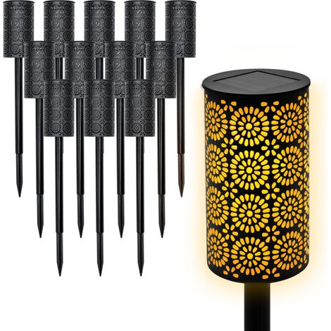 LED Solar Gartenfackel mit Blumen Muster 49 x 7 cm - 12er Set - Wegeleuchte mit realistischem Flammeneffekt