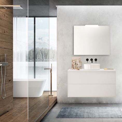 100 cm großer Badezimmer-Hängeschrank aus satiniertem weißem Holz mit Aufsatzwaschbecken – Olympus - 100 cm Mit Doppelsäule Lampe - Misura: 100 cm - Accessorio: Standard
