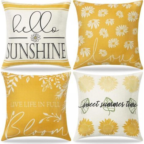 Set of 4 Sofa Cushion Covers, Yellow Daisy Sunflower Pillowcases, Linen Cushion Covers, Decoration for Living Room, Bed, Garden, Indoor and Outdoor Use (1/5)