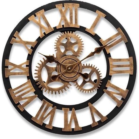 Horloge Murale Quartz Antique Gear Bois - 45CM - Marron et Noir - Vintage (1/4)