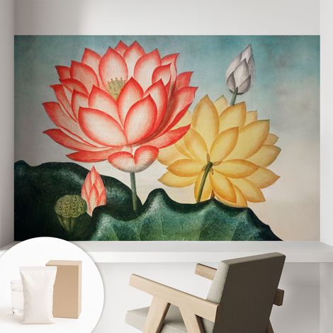 Papier peint intissé à motifs décoratifs pour salon chambre et bureau Décoration murale élégante avec colle Fleurs de lotus 104x70 cm (1/5)
