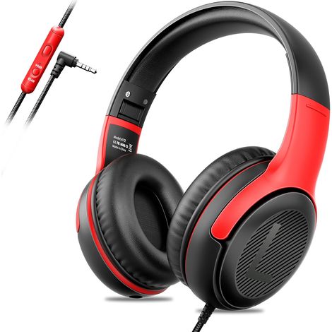 Children's Headphones - Comfortable and Durable, Ideal for School and Work, Perfect Gift for Children, Sons, Girls - High Quality Sound and Safe Listening Experience (Black/Red) (1/5)