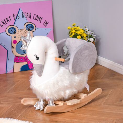 Cheval à bascule cygne pour 18-36 mois - jouet balançoire pour enfants - max 40 kg - bois peuplier et peluche - coloris blanc et gris