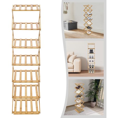 Étagère à chaussures pliable en bambou Étagère à chaussures pour entrée, placard, chambre, couloir Nature Fonctionnelle Multifonctionnelle Effet bois 7 niveaux 26 x 26 x 105 cm