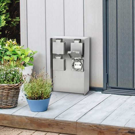 Gartensteckdosensäule für außen IP44 eckig 23cm - Steckdose: 4-fach - Farbe: Edelstahl (1/5)