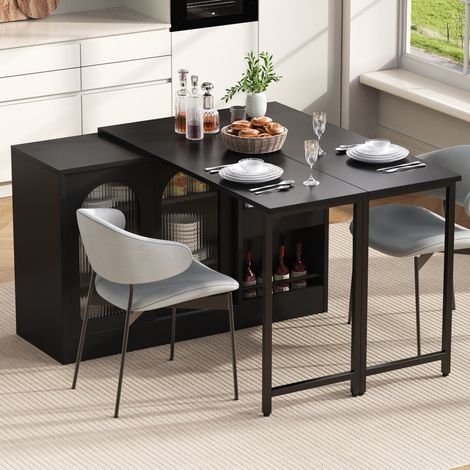 Mesa de bar 121,5 x 40 x 76,7 cm - Aparador giratorio 360° extensible con puertas de cristal estriado y espacio de almacenamiento - Negro (1/5)