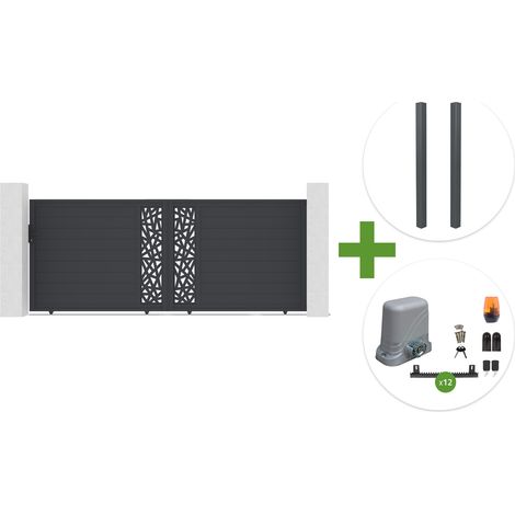 Portail coulissant 4m RUIVO H.160cm aluminium gris + 2 poteaux + motorisation Tanker C600 (1/5)