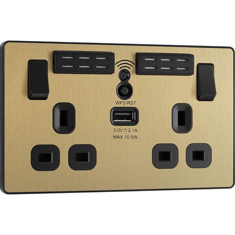 Prise murale à double interrupteur avec port de charge USB de type A et rallonge Wi-Fi, laiton satiné, 13 A (1/5)
