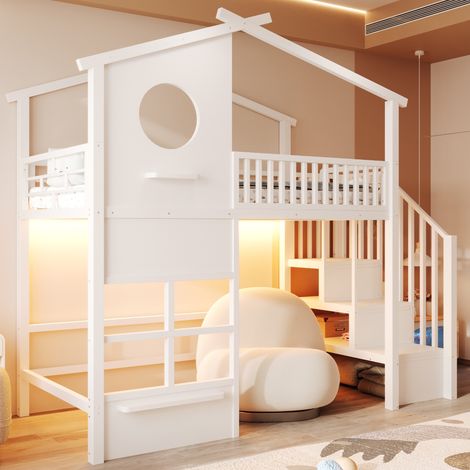 Lit mezzanine 90x200 cm, lit cabane enfant avec escalier de rangement, ruban LED et barrière, design ludique, pour chambre fille et ado, blanc (1/5)