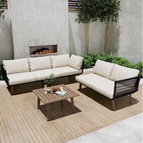 Ensemble de jardin en Olefin, 1 canapé + 1 table basse, beige/noir, finition effet bois (1/5)