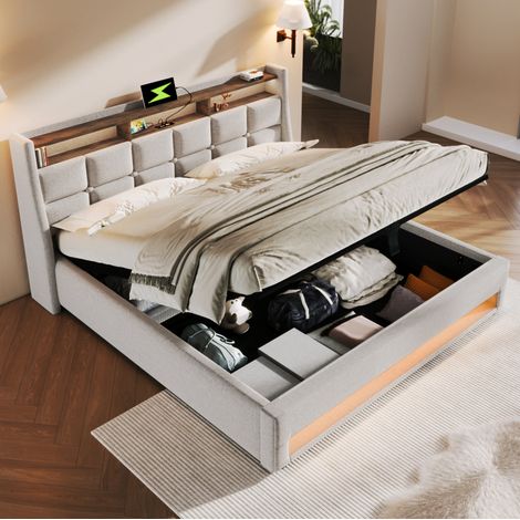 Bett mit Stauraum Leinen Hellbeige 140x200 cm, mit LED, USB und Lattenrost (1/5)