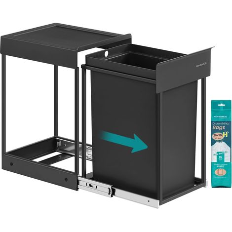 Poubelle de tri sélectif extractible coulissante 34,7 x 25,7 x 43,4 cm avec couvercle ergonomique style moderne en acier noir (1/2)