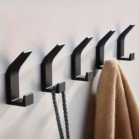 Crochets doubles en métal, sans perçage - conviennent pour les salles de bains, les cuisines, les chambres, etc. - Lot de 5, noirs (1/4)