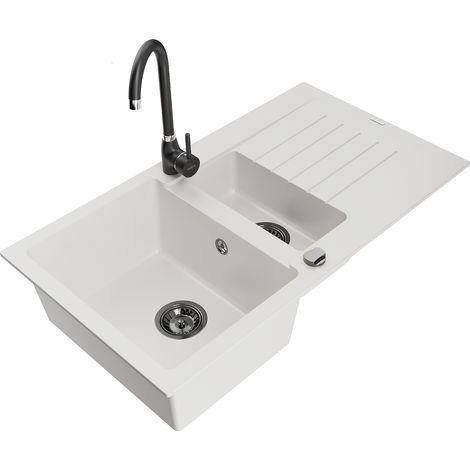 Mexen Matias évier en granit 1,5 bac avec égouttoir et robinet de cuisine Telma, blanc - 6502-20-670200-70 (1/5)