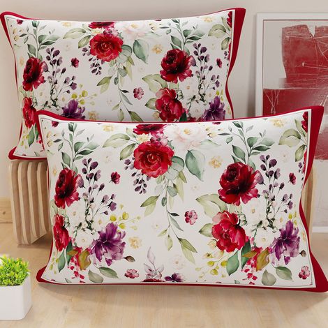 Lot de 2 Taies d'Oreillers 80x40 cm 100% Microfibre Hypoallergénique, Housse Oreiller Rectangulaire Floral Blanc Rouge, Paquet de 2