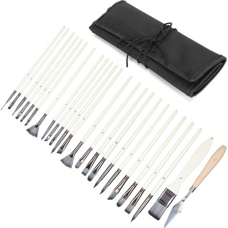Ensemble de 24 Pinceaux Artistiques en Nylon et Laine avec Manche Bois et Trousse, pour Peinture Acrylique, Aquarelle et Dessin (1/5)