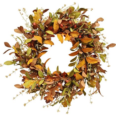 Déco de porte automne 55 cm – Couronne avec mini citrouilles et feuilles de chêne, style farmhouse pour porche, fenêtre, Halloween et Thanksgiving (1/5)
