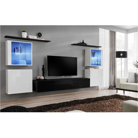 Ensemble meuble TV mural  - Switch XIV - 320 cm  x 150 cm  x 40 cm - Blanc et noir - Livraison gratuite